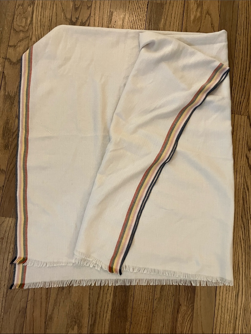 Vintage cream shawl wrap with Multicolor Stripe Trim